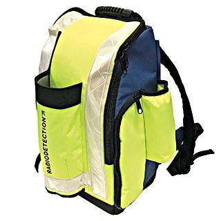 A yellow and blue backpack with a pocket on the side.